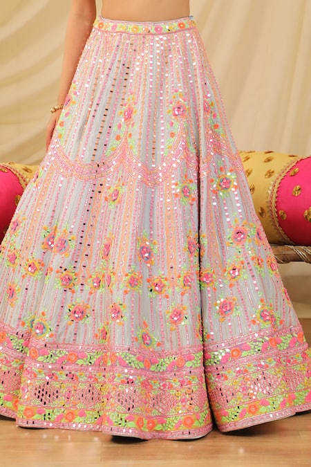 Shop_Rajbinder Chahal_Blue Dupion Silk Mirror, Thread, Scallop Floral Embroidered Bridal Lehenga Set _Online_at_Aza_Fashions