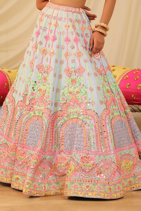 Rajbinder Chahal_Blue Dupion Silk Mirror, Thread, Floral Embroidered Lehenga And Blouse Set _Online_at_Aza_Fashions