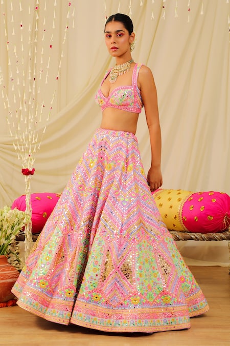 Rajbinder Chahal_Purple Dupion Silk Mirror, Thread, Chevron Embellished Bridal Lehenga Set _Online_at_Aza_Fashions