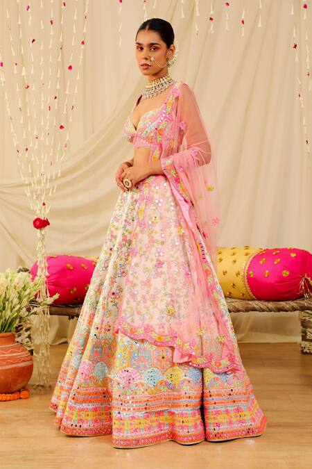 Rajbinder Chahal White Dupion Silk Mirror, Thread, Applique Embroidered Bridal Lehenga Set at Aza Fashions Rajbinder Chahal_White Dupion Silk Mirror, Thread, Applique Embroidered Bridal Lehenga Set _at_Aza_Fashions