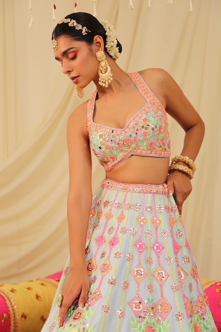 Buy Grey Rachita Ruffle Collar Crop Top with Lehenga by SVA BY SONAM &  PARAS MODI at Ogaan Online Shopping Site