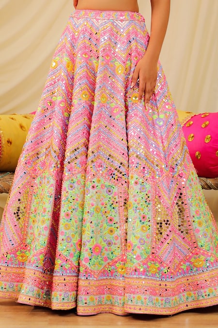 Buy_Rajbinder Chahal_Purple Dupion Silk Mirror, Thread, Chevron Embellished Bridal Lehenga Set _Online_at_Aza_Fashions