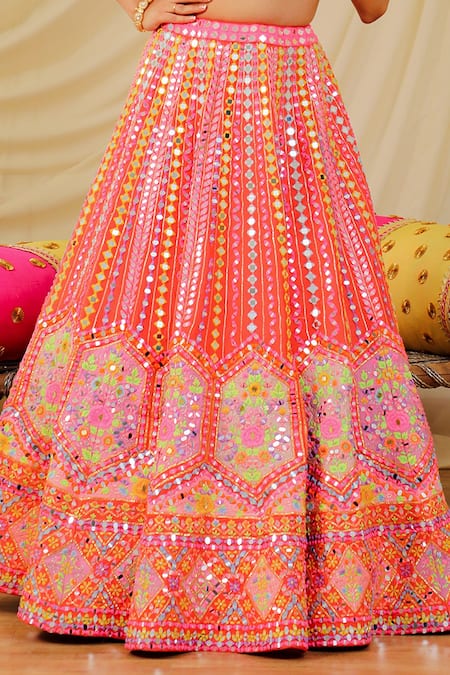 Rajbinder Chahal_Orange Net, Dupion Silk Mirror, Thread, Floral Embroidered Bridal Lehenga Set _Online_at_Aza_Fashions