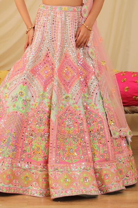 Rajbinder Chahal_Blue Dupion Silk Mirror, Thread, Geometric Floral Embellished Bridal Lehenga Set _Online_at_Aza_Fashions