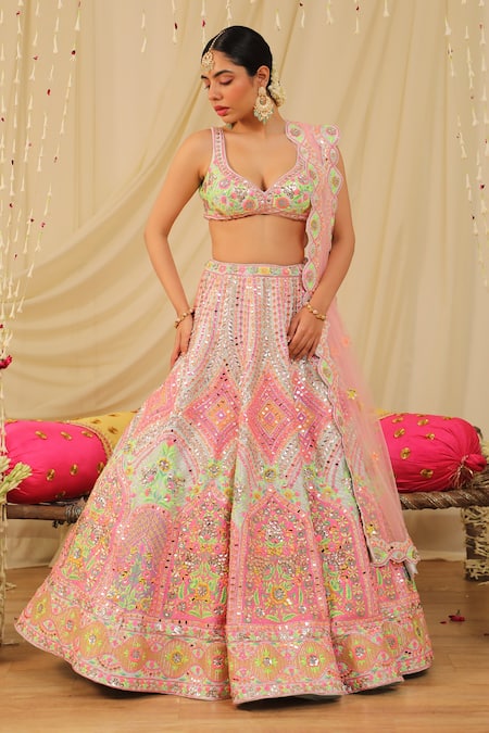 Buy_Rajbinder Chahal_Blue Dupion Silk Mirror, Thread, Geometric Floral Embellished Bridal Lehenga Set _Online_at_Aza_Fashions