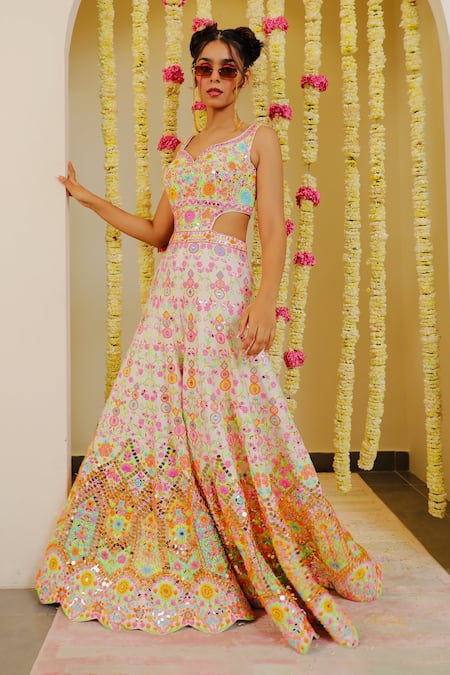 Rajbinder Chahal_White Dupion Silk Mirror, Thread, Cut Out Detailing Embellished Jumpsuit _Online_at_Aza_Fashions