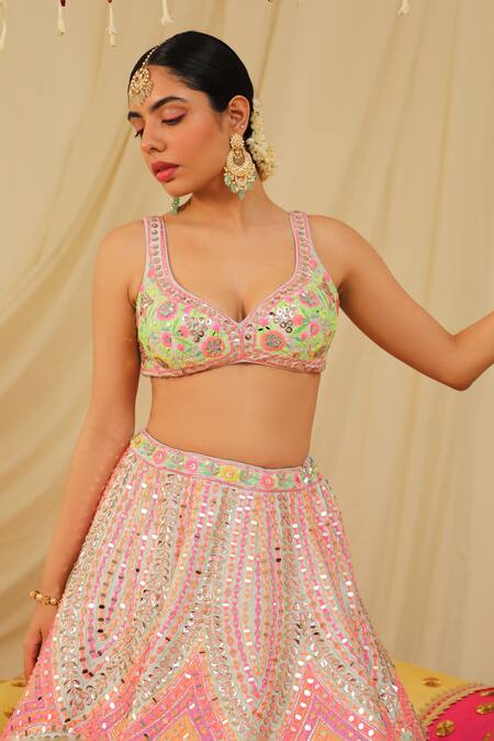 Shop_Rajbinder Chahal_Blue Dupion Silk Mirror, Thread, Geometric Floral Embellished Bridal Lehenga Set _Online_at_Aza_Fashions