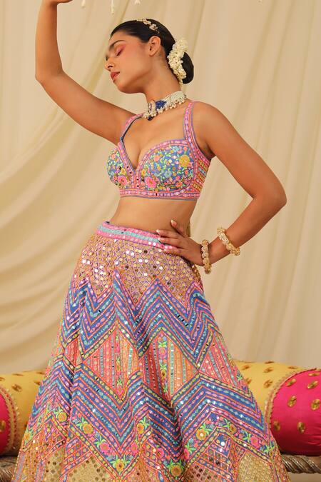 Rajbinder Chahal_Blue Dupion Silk Mirror, Thread, Geometric Floral Embellished Bridal Lehenga Set _Online_at_Aza_Fashions