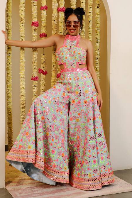 Rajbinder Chahal_Blue Dupion Silk Mirror, Thread, Applique High Neck Embroidered Jumpsuit _Online_at_Aza_Fashions