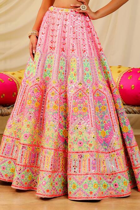Rajbinder Chahal_Pink Dupion Silk Mirror, Thread, Applique Embroidered Bridal Lehenga Set _Online_at_Aza_Fashions