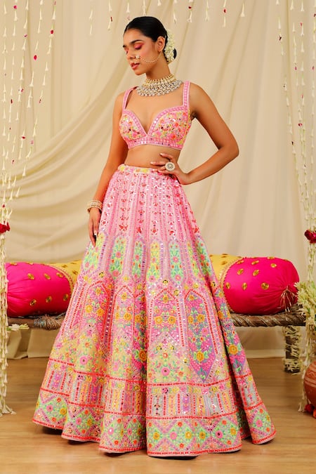 Buy_Rajbinder Chahal_Pink Dupion Silk Mirror, Thread, Applique Embroidered Bridal Lehenga Set _Online_at_Aza_Fashions
