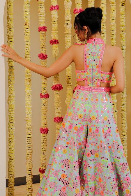 Buy_Rajbinder Chahal_Blue Dupion Silk Mirror, Thread, Applique High Neck Embroidered Jumpsuit _Online_at_Aza_Fashions