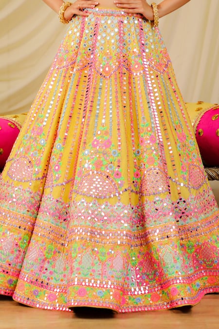 Rajbinder Chahal Yellow Dupion Silk Mirror, Thread, Applique Embroidered Blouse With Lehenga Set Online at Aza Fashions Rajbinder Chahal_Yellow Dupion Silk Mirror, Thread, Applique Embroidered Blouse With Lehenga Set _Online_at_Aza_Fashions