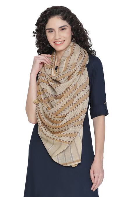 SHINGORA_Beige Geometric Woven Stole _Online_at_Aza_Fashions