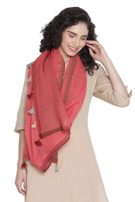 Shingora_Pink Tassel Bordered Stole _Online_at_Aza_Fashions