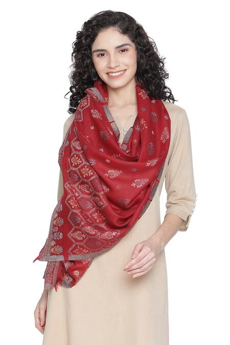 Shingora_Red Woven Jacquard Floral And Paisley Pattern Stole _Online_at_Aza_Fashions