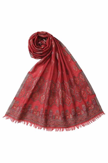 Buy_Shingora_Red Woven Jacquard Floral And Paisley Pattern Stole _Online_at_Aza_Fashions