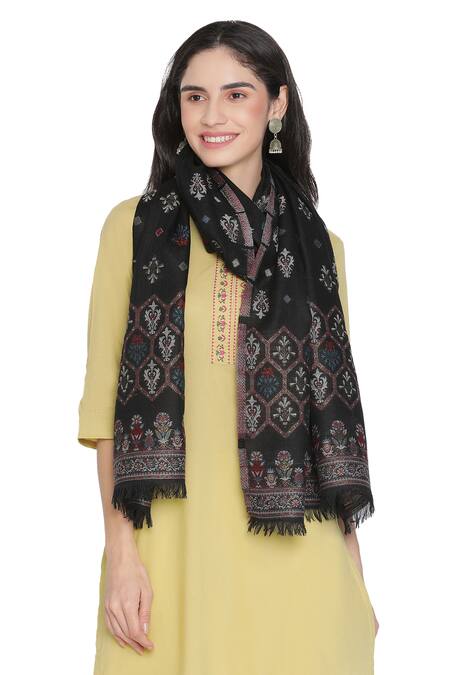 Shingora_Black Floral Woven Stole _Online_at_Aza_Fashions