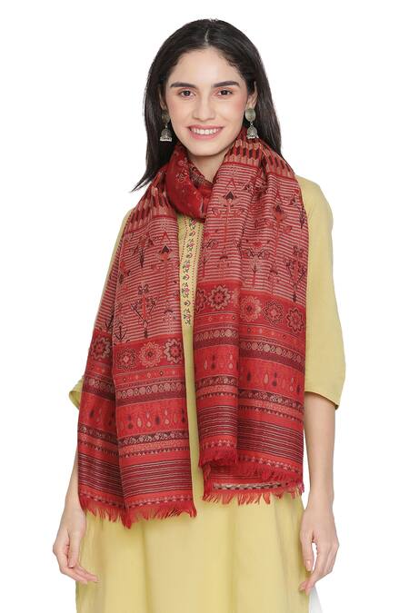 Shingora Maroon Woven Jacquard Floral And Stripe Pattern Stole Online at Aza Fashions Shingora_Maroon Woven Jacquard Floral And Stripe Pattern Stole _Online_at_Aza_Fashions