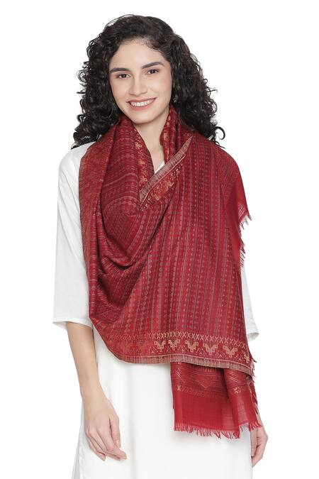 Shingora_Maroon Jacquard Stripe Pattern Stole _Online_at_Aza_Fashions