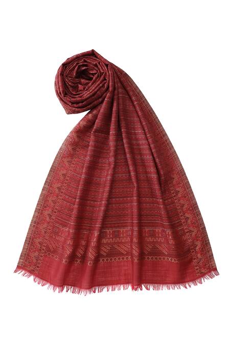 Buy_Shingora_Maroon Jacquard Stripe Pattern Stole _Online_at_Aza_Fashions