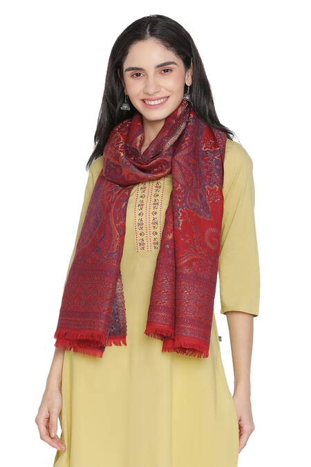 Shingora_Maroon Woven Kani Pattern Stole _Online_at_Aza_Fashions