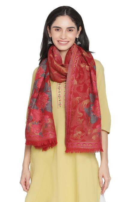 Shingora Red Woven Kani Floral Pattern Stole Online at Aza Fashions Shingora_Red Woven Kani Floral Pattern Stole _Online_at_Aza_Fashions