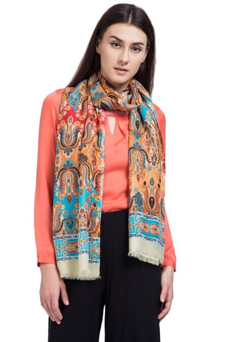Shingora Orange Printed Lotus Stole Online at Aza Fashions Shingora_Orange Printed Lotus Stole _Online_at_Aza_Fashions