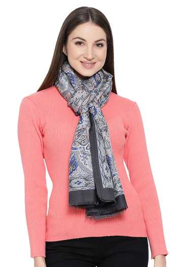 Shingora_Grey Printed Floral And Leaf Stole _Online_at_Aza_Fashions