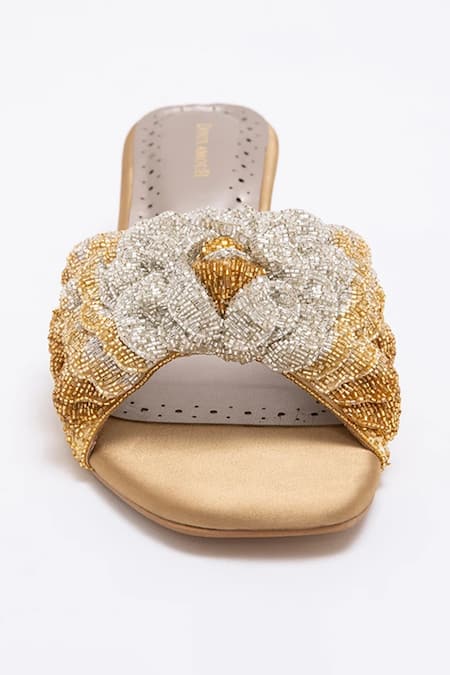 Shop Doux Amour Gold Cut Work Rosalind Belinda Peony Embellished Heels at Aza Fashions Shop_Doux Amour_Gold Cut Work Rosalind Belinda Peony Embellished Heels _at_Aza_Fashions