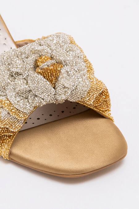 Shop Doux Amour Gold Cut Work Rosalind Belinda Peony Embellished Heels Online at Aza Fashions Shop_Doux Amour_Gold Cut Work Rosalind Belinda Peony Embellished Heels _Online_at_Aza_Fashions