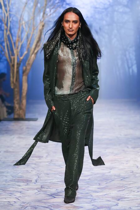 Buy_Nirmooha_Emerald Green Silk Sequins Embroidered Long Jacket _Online_at_Aza_Fashions