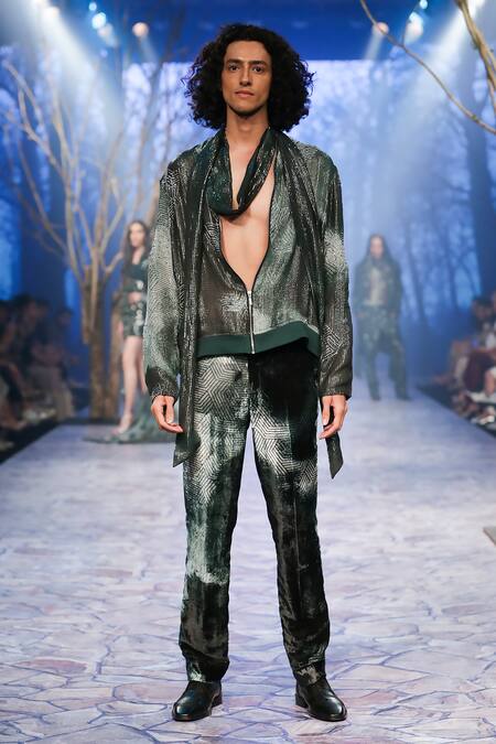 Shop_Nirmooha_Green Velvet Stripe Straight Fit Pant _Online_at_Aza_Fashions