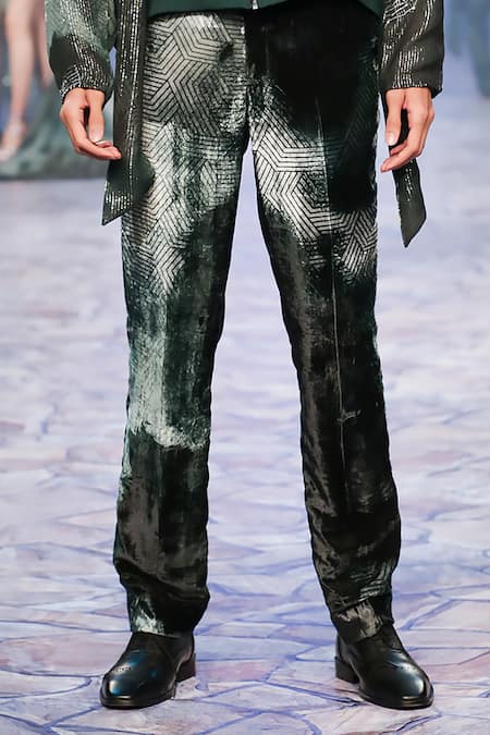 Nirmooha_Green Velvet Stripe Straight Fit Pant _at_Aza_Fashions