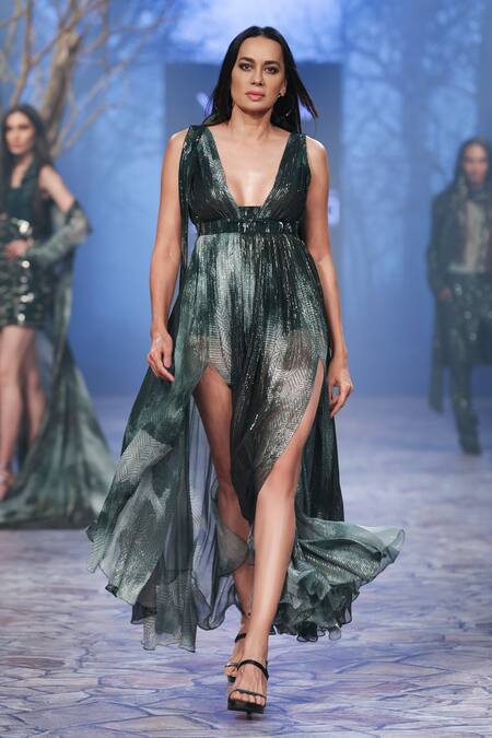 Nirmooha_Emerald Green Lurex Beads Plunge Neck Abstract Print Gown _at_Aza_Fashions