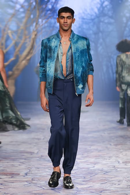 Buy_Nirmooha_Blue Velvet Embroidery Printed Bomber Jacket _Online_at_Aza_Fashions