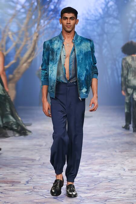 Shop_Nirmooha_Blue Lurex Embroidery Metallic Stripe Pattern Shirt _at_Aza_Fashions