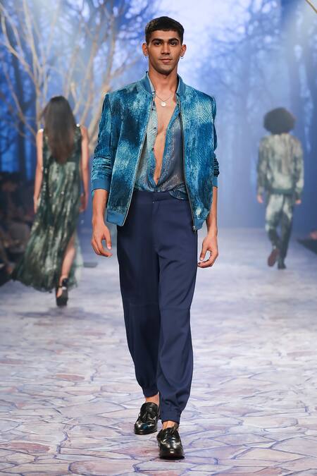 Shop_Nirmooha_Blue Velvet Embroidery Printed Bomber Jacket _Online_at_Aza_Fashions