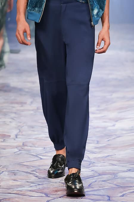 Shop Nirmooha Blue Crepe Solid Joggers Online at Aza Fashions Shop_Nirmooha_Blue Crepe Solid Joggers _Online_at_Aza_Fashions