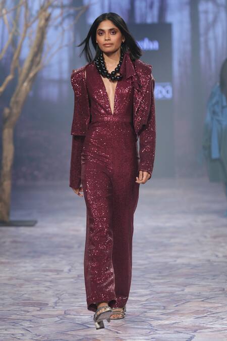 Nirmooha_Purple Sequins Plunge Neck Embroidered Jumpsuit _Online_at_Aza_Fashions