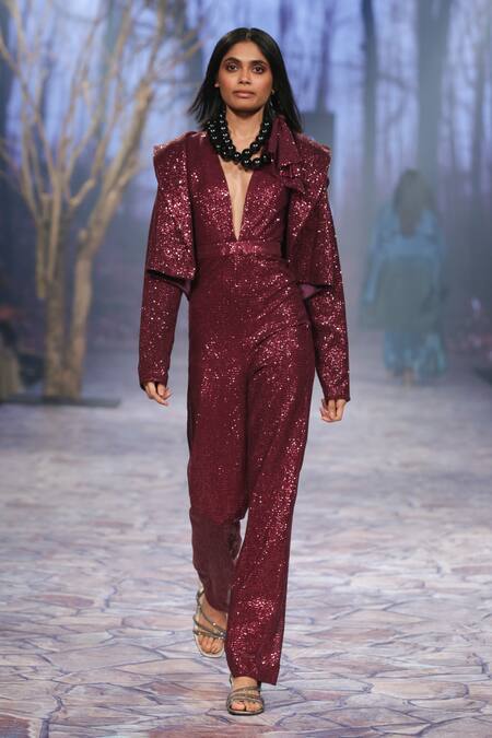 Buy_Nirmooha_Purple Sequins Plunge Neck Embroidered Jumpsuit _Online_at_Aza_Fashions