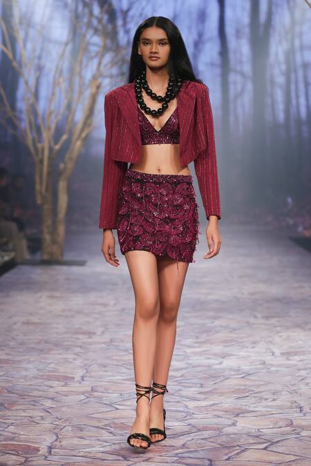 Shop_Nirmooha_Purple Microfiber Sequins Plunge Neck Embroidered Bralette _Online_at_Aza_Fashions