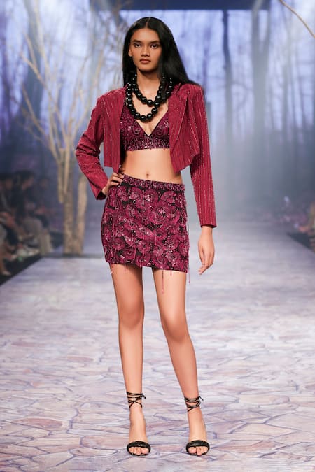 Buy Nirmooha Purple Crepe Beads Collared Embroidered Blazer Online at Aza Fashions Buy_Nirmooha_Purple Crepe Beads Collared Embroidered Blazer _Online_at_Aza_Fashions