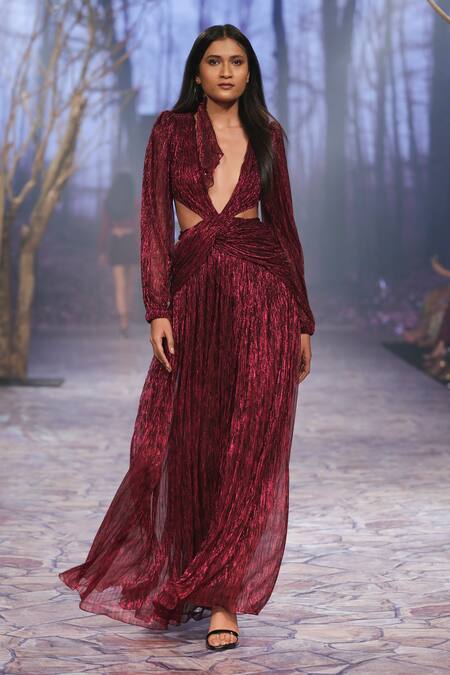 Shop Nirmooha Purple Plunge Neck Metallic Draped Gown Online at Aza Fashions Shop_Nirmooha_Purple Plunge Neck Metallic Draped Gown _Online_at_Aza_Fashions