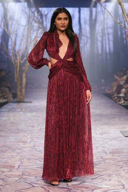 Nirmooha Purple Plunge Neck Metallic Draped Gown at Aza Fashions Nirmooha_Purple Plunge Neck Metallic Draped Gown _at_Aza_Fashions