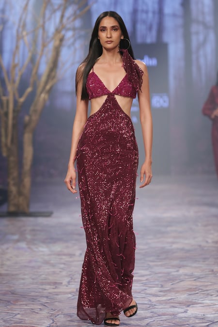 Nirmooha Purple Crepe, Satin Sequins, Tassels Plunge Neck Embroidered Cut-out Gown at Aza Fashions Nirmooha_Purple Crepe, Satin Sequins, Tassels Plunge Neck Embroidered Cut-out Gown _at_Aza_Fashions