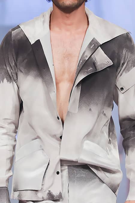 Nirmooha_Off White Crepe Haze Hooded Jacket _Online_at_Aza_Fashions