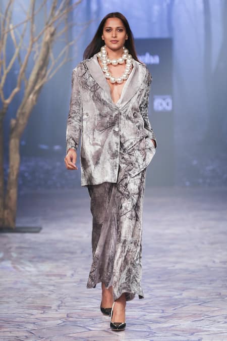 Nirmooha_Off White Velvet Abstract Print Pant _Online_at_Aza_Fashions