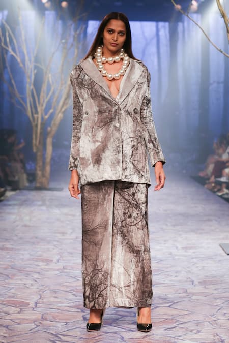 Buy_Nirmooha_Off White Velvet Abstract Print Pant _Online_at_Aza_Fashions