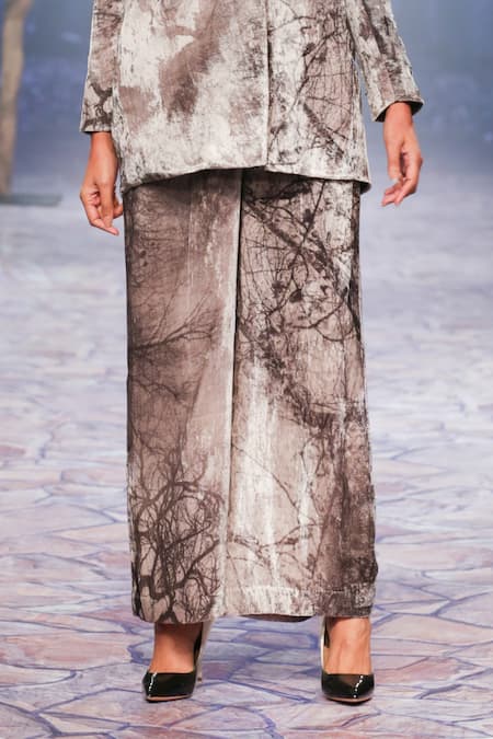 Shop_Nirmooha_Off White Velvet Abstract Print Pant _Online_at_Aza_Fashions